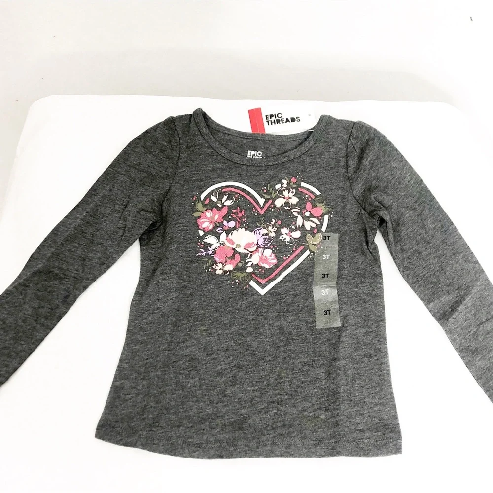 NEW Epic Threads Girls Floral Heart Long Sleeve Top, Size 4T, Gray